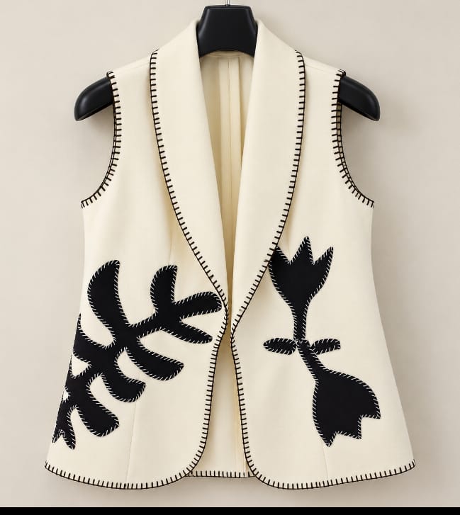 Melton Wool Waistcoat Ivory - Appliqué