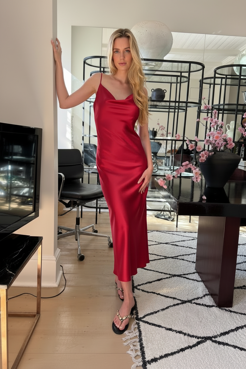 Evening Satin Bias-Cut Dress Merlot