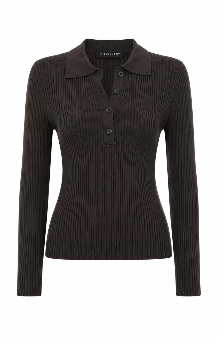 Fontana Rib Button Collar Knit Chocolate