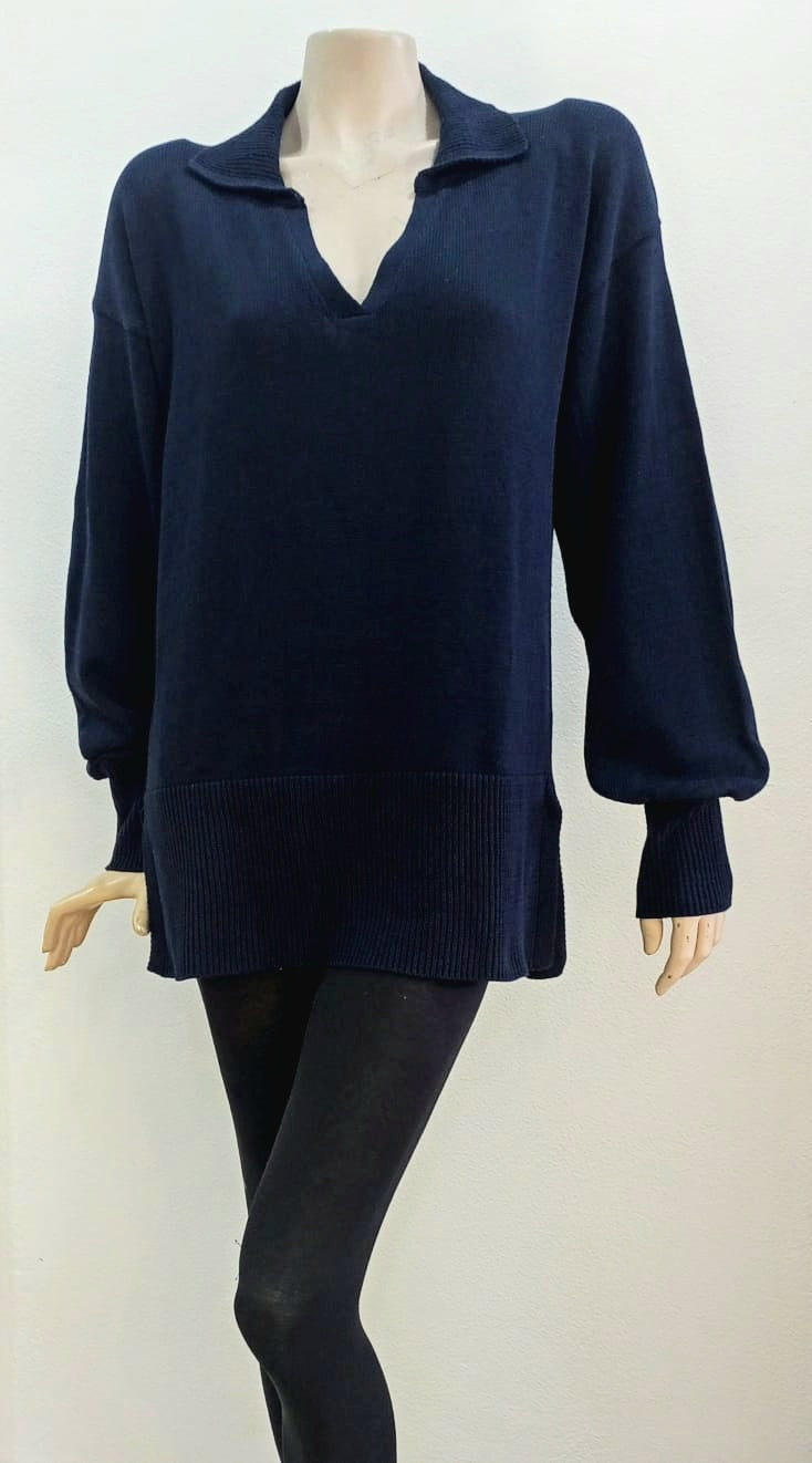 Johnny Collar Pure Cotton Top Navy
