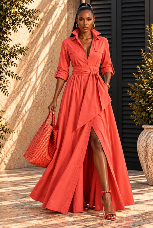 Cotton Shirtwaister Long Salmon