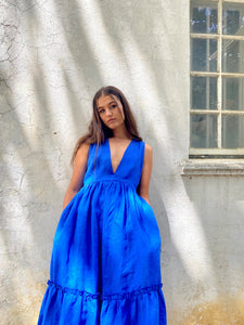Alecia Long Tier Dress - Linen - Cobalt Crush