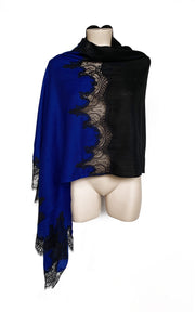 Cashmere pashmina with lace insets - Blue